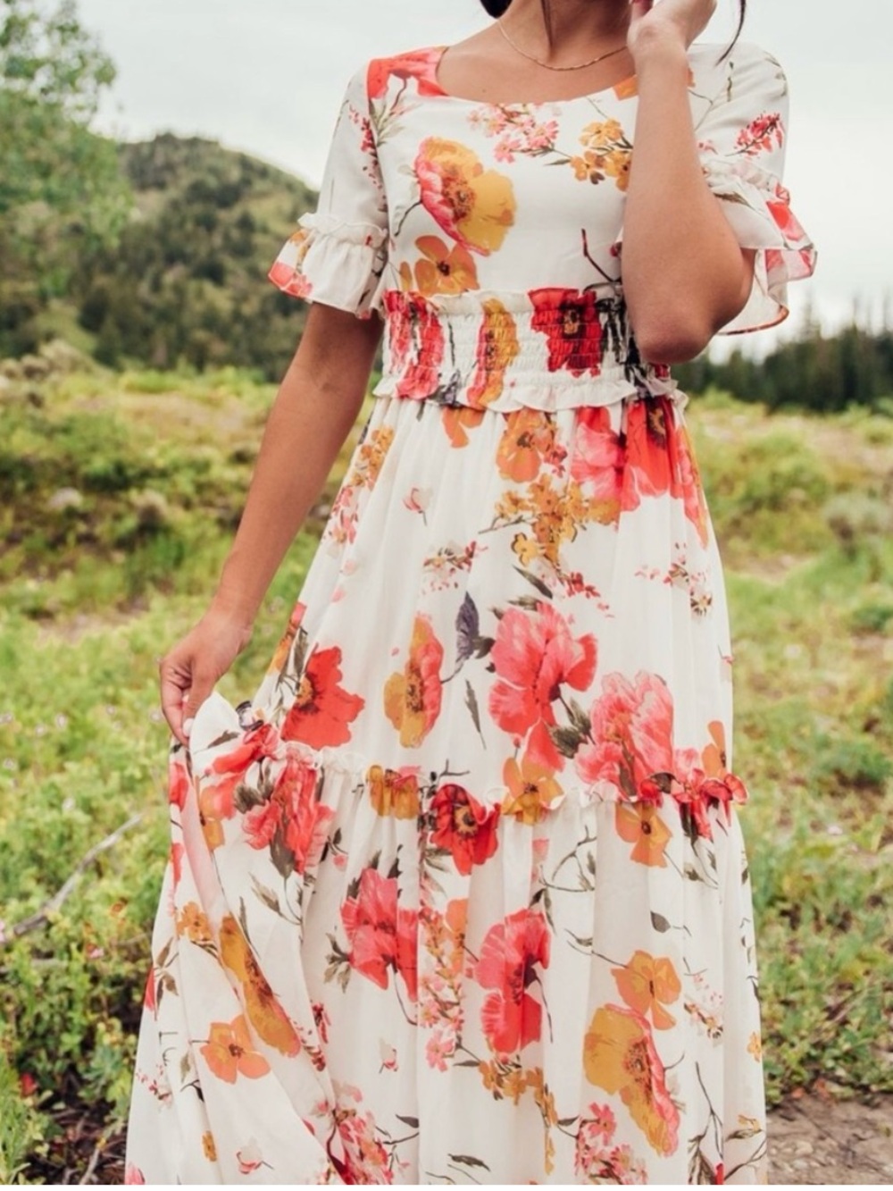 JessaKae White Maxi Dress with Pink & Gold Floral Print